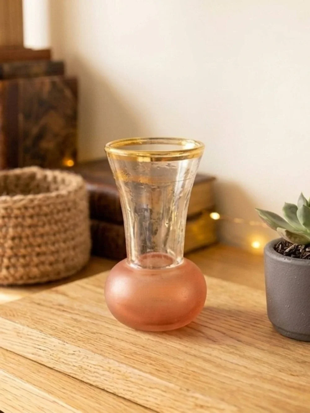Frosted Pink Glass Bud Vase, Gold Rim Accent, Romantic Cottagecore Decor